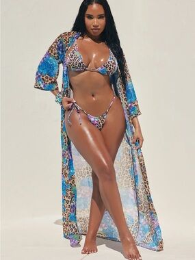 Fashion Nova Blue & Brown Leopard Floral Sheer Cover-Up